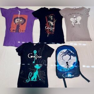 4 - CORALINE T-Shirts - Women’s M - & Backpack- SUPER CUTE - Used